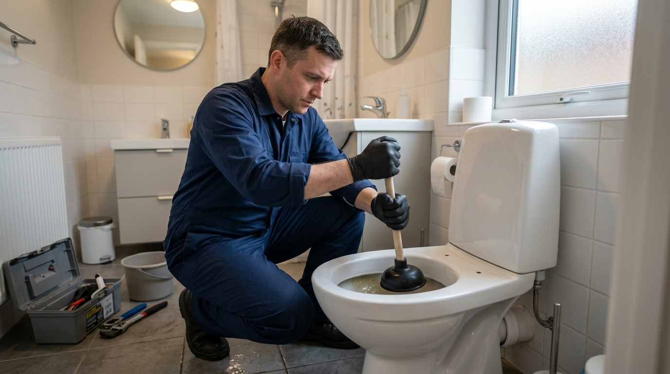 Clogged toilet repair in bathroom